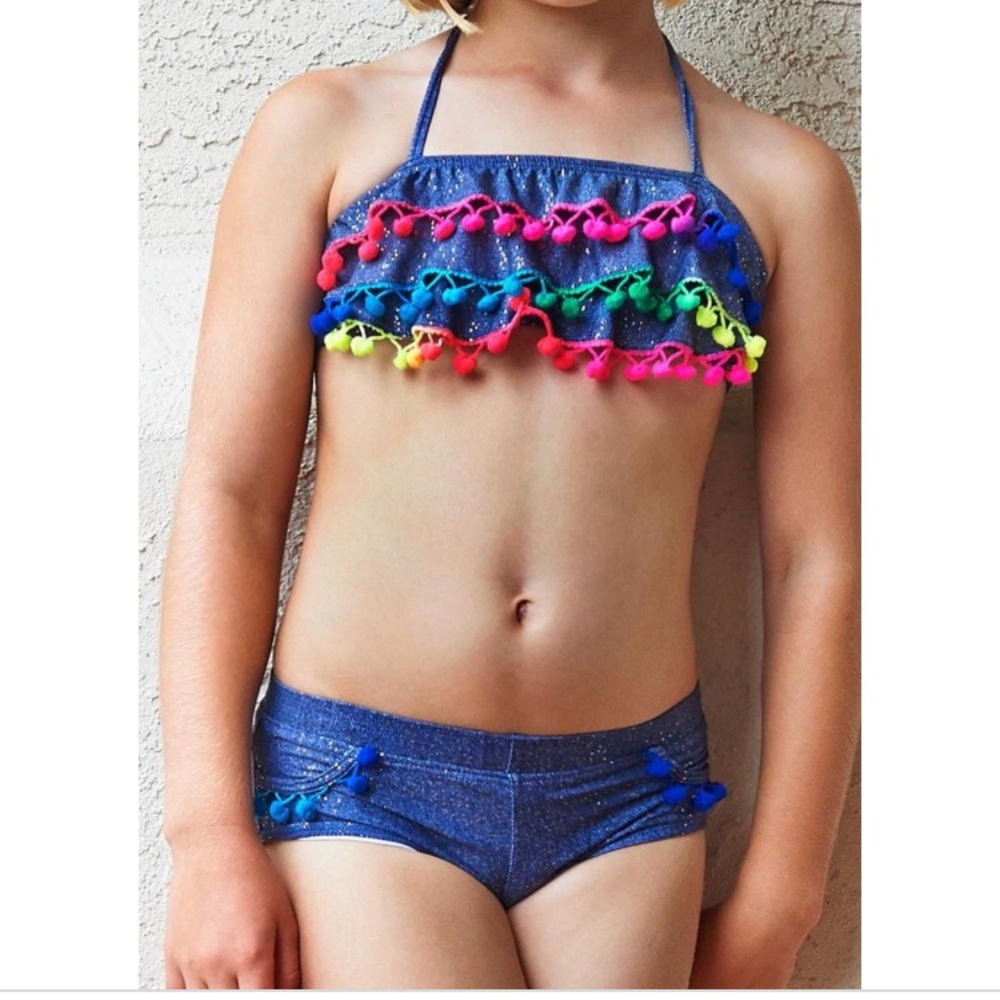 Girls Pilyq denim Pom Pom bikini
